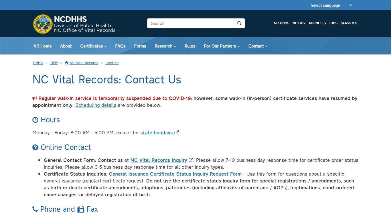 NCDHHS: DPH: NC Vital Records: Contact Us